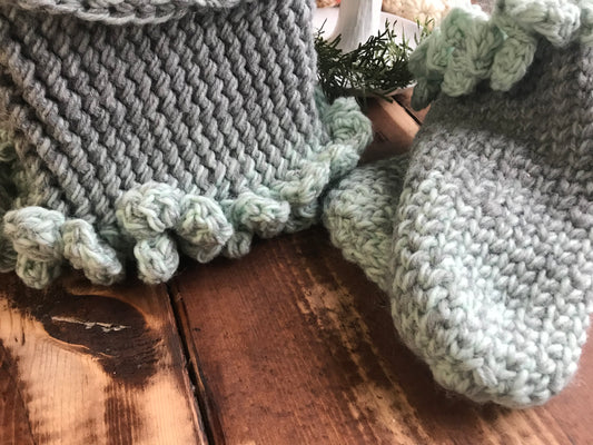 Cowl and Mittens Ombré Mint and Silver