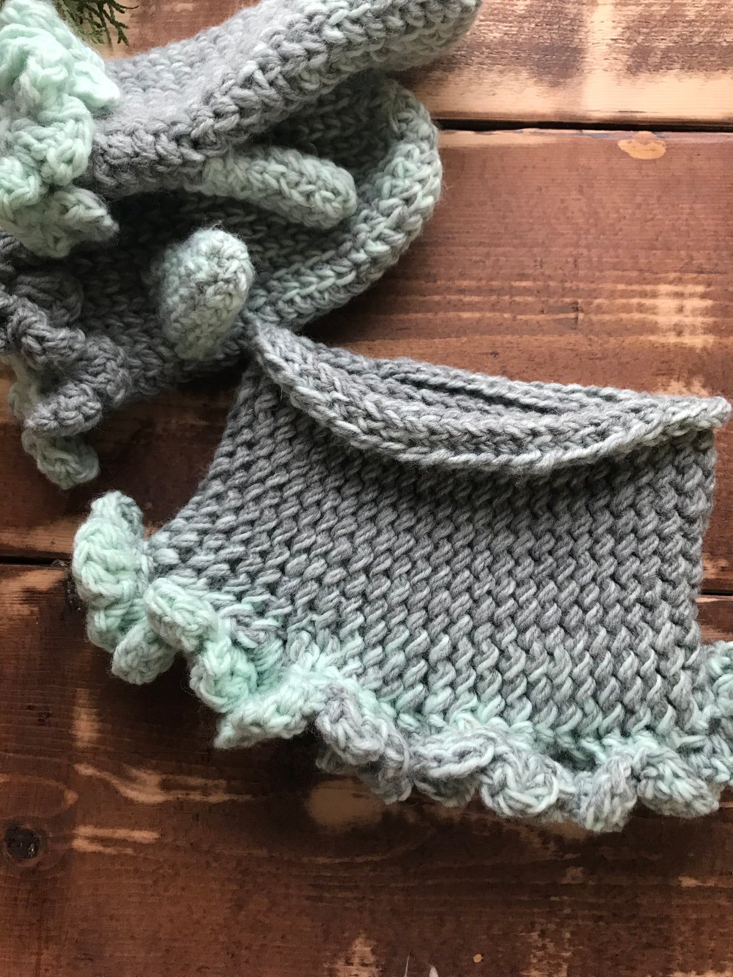 Cowl and Mittens Ombré Mint and Silver